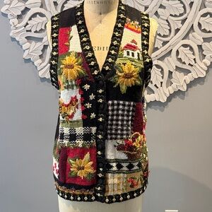 Vintage Tiara International Vest fall Theme Black Knit Sweater M Rooster floral